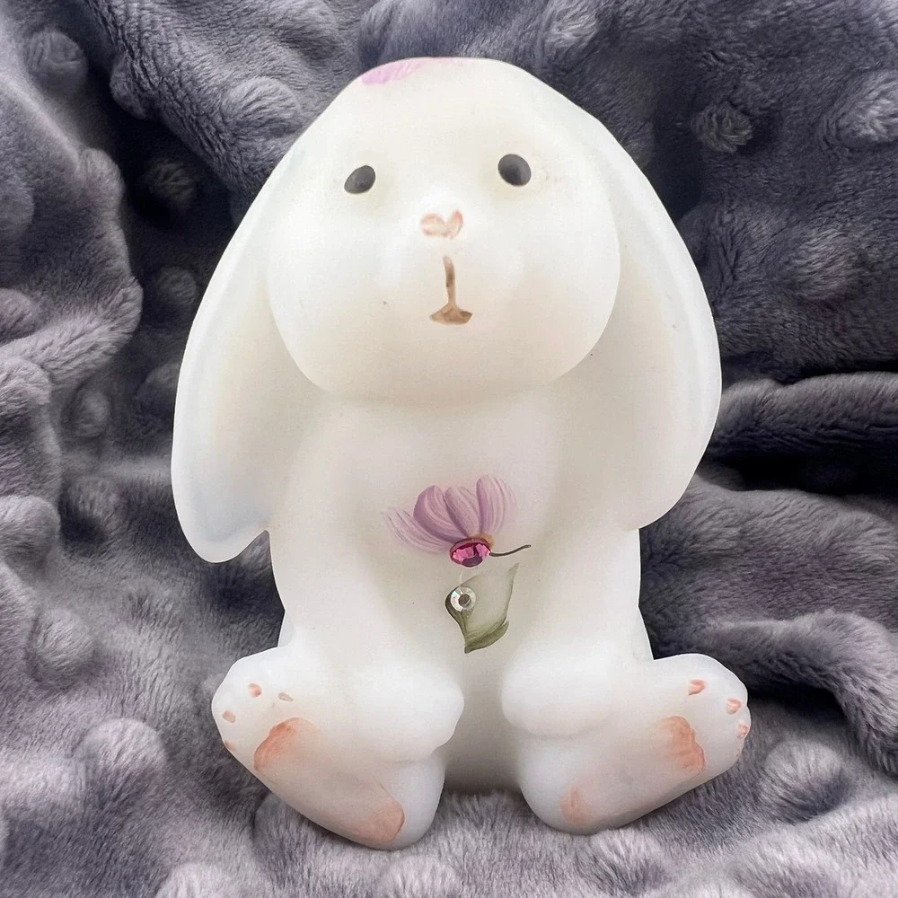 Fenton Opal Satin Lop Eared Bunny Rabbit Floral Crystals Signed 3.75
